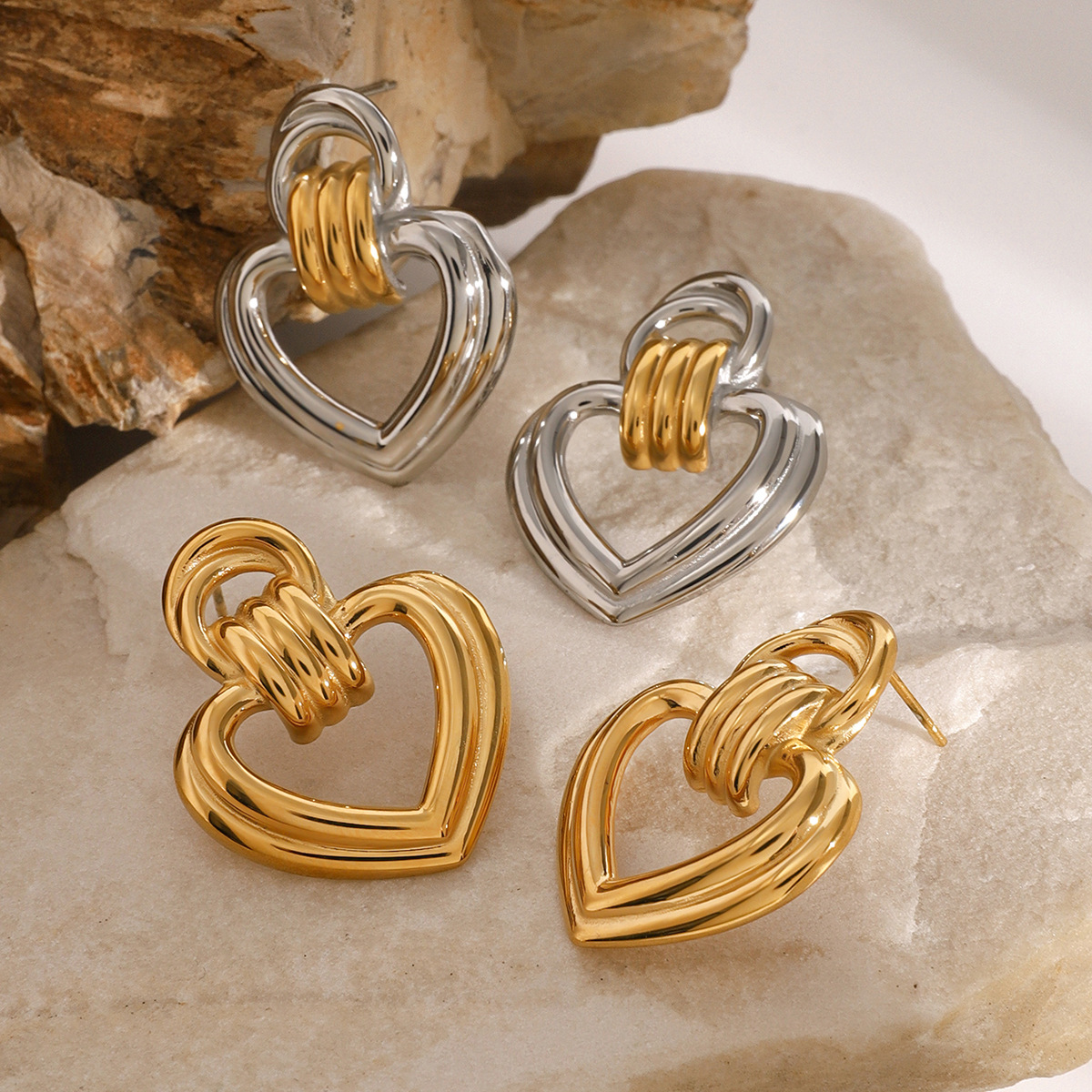 1 Pair High-end Sweet Style Ribbed Heart Shape Stainless Steel  Gold Color Women's Dangle Earrings h5 